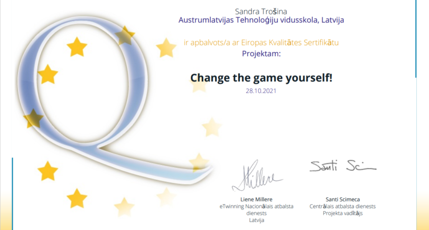 ATV īstenotais eTwinning projekts ieguvis Eiropas Kvalitātes sertifikātu